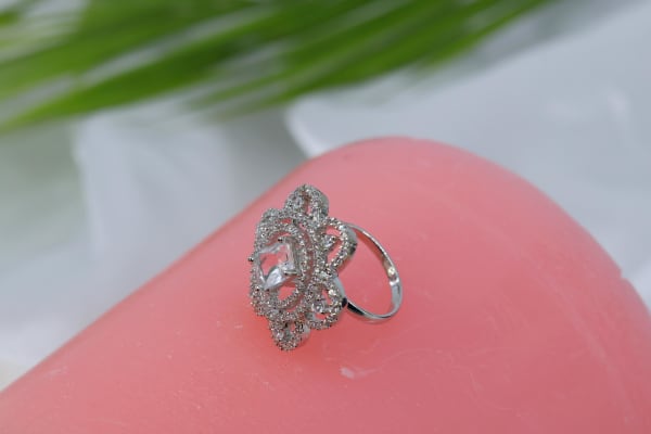 Square White Stone Statement Ring with Floral CZ Design & Silver Finish