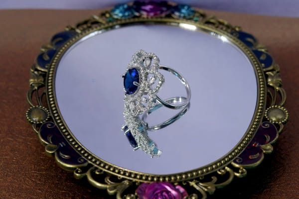 Blue Oval Stone Designer Ring with CZ Accents & Silver Finish – Party Wear