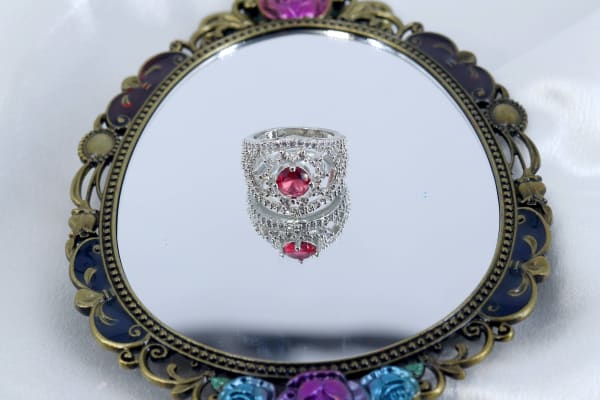 Silver Wide-Band Red CZ Cocktail Ring with Sparkling Halo & Cutwork Design