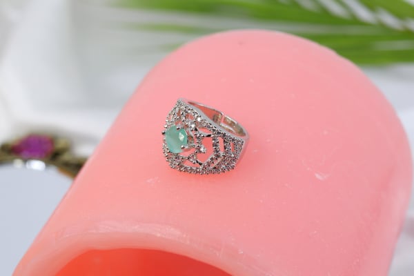 Stylish Mint Green Stone Designer Ring with CZ Detailing in Silver Finish