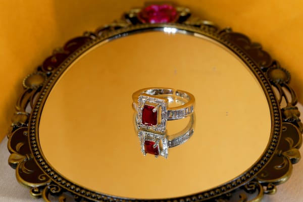 Emerald-Cut Ruby Stone Silver Ring with Baguette CZ Accents for Women