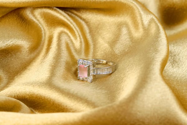 Square Pink Stone Silver Ring with Baguette CZ Detailing for Women