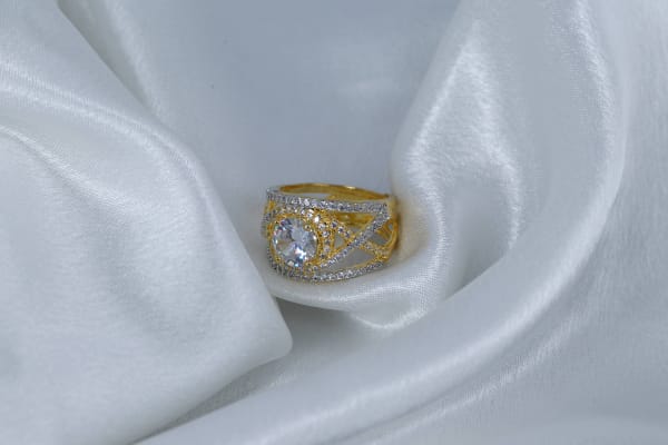 Gold-Plated Round CZ Statement Ring with Dual-Tone Design for Women