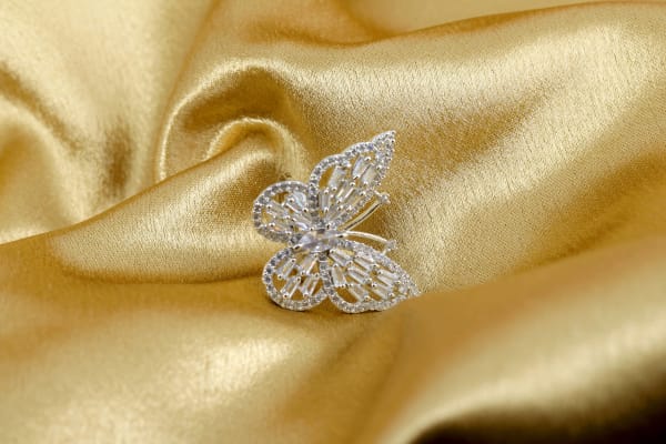 Silver Butterfly CZ Statement Ring with Baguette Stones for Women
