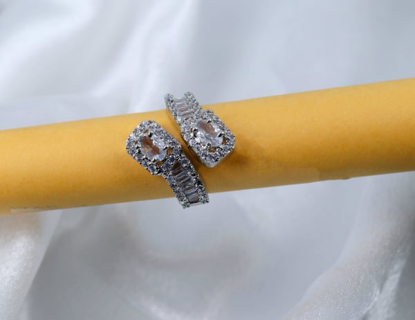 Silver Adjustable Dual Halo CZ Ring with Baguette Stones for Women