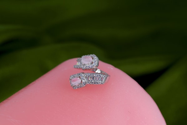 Silver-Plated Dual Pink Stone CZ Adjustable Ring | Elegant Open Spiral Design
