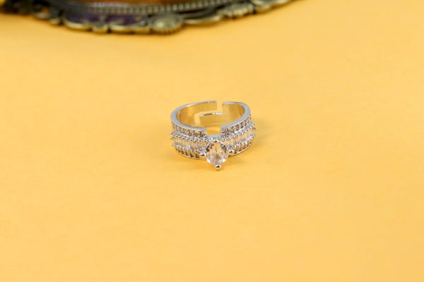 Silver Adjustable Baguette Band Ring with Round CZ Stone | Party Wear