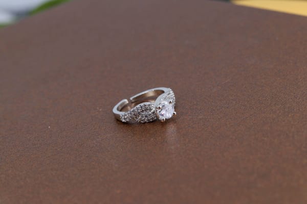 Silver Adjustable CZ Solitaire Ring with Micro-Stone Detailing | Daily Wear