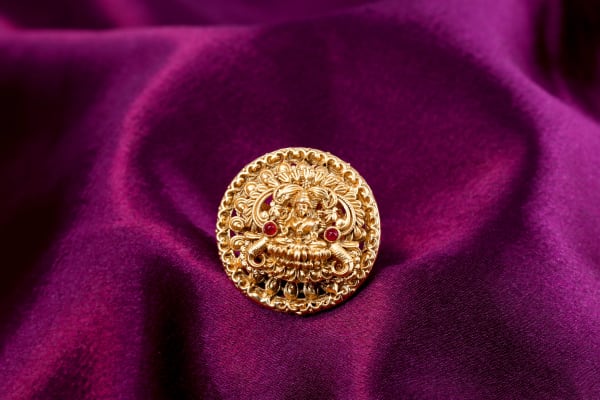 Gold Lakshmi Temple Ring for Women | Antique Traditional Red Stone Adjustable Ring
