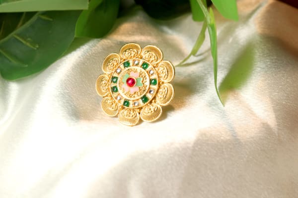 Gold-Plated Floral Adjustable Ring for Women | Pink & Green Kundan Style Statement Ring