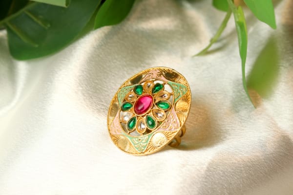 Gold Plated Multicolor Statement Ring for Women | Royal Ethnic Party Wear Finger Ring