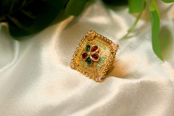Square Antique Adjustable Ring for Women | Traditional Gold-Tone Statement Ring