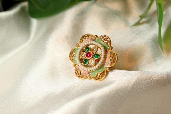 Gold Plated Floral Kundan Adjustable Ring | Traditional Party Wear Finger Ring for Women