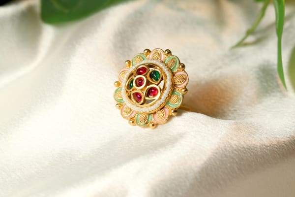 Floral Enamel Adjustable Ring for Women | Pastel Meenakari Statement Finger Ring