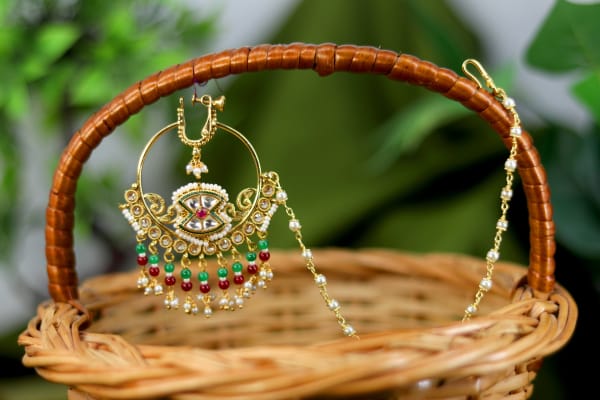 Traditional Bridal Nath with Chain for Women | Kundan Pearl Maharashtrian Style Nose Ring