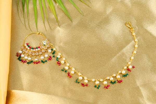 raditional Red Green Pearl Bridal Nath | Dazzling Kundan Nose Ring with Chain for Women