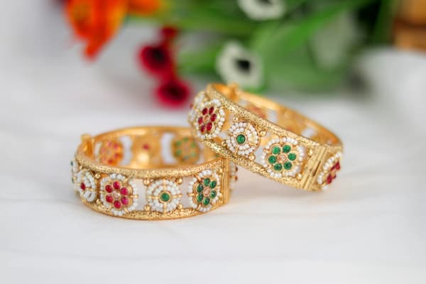 Traditional Floral Stone Kada Bangles for Women | Pearl & Multi-Color Stone Design | Festive & Wedding Jewellery