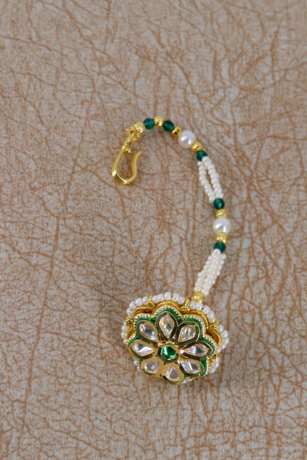 Kundan Pearl Floral Maang Tikka with Green Beads | Bridal & Festive Headpiece for Women