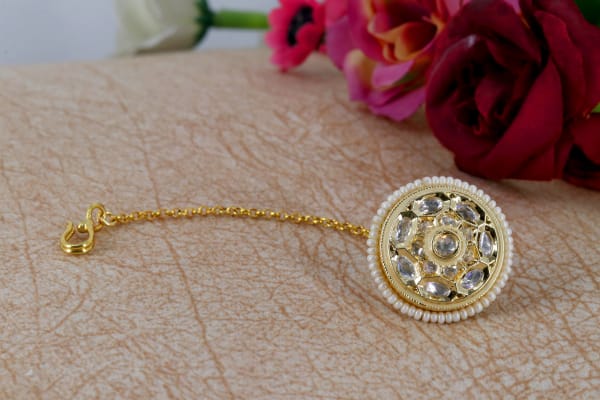 Kundan Pearl Round Bridal Maang Tikka for Women & Girls | Traditional Wedding Jewellery