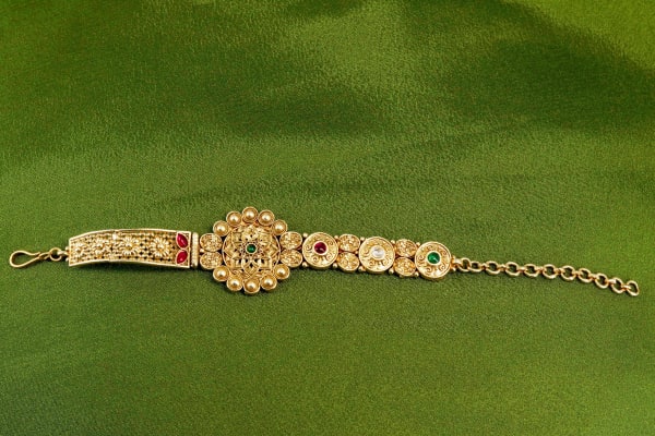 Traditional Gold-Finish Bracelet/Hathphool for Women | Bridal Hand Ornament with Color Stones & Antique Detailing