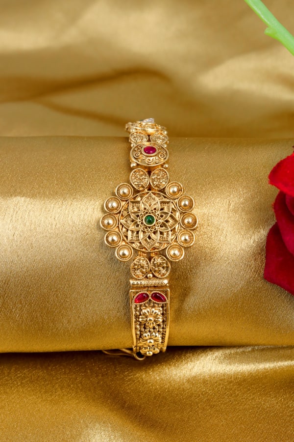 Traditional Gold-Plated Haathphool Bracelet with Intricate Floral Motifs & Multicolor Stones