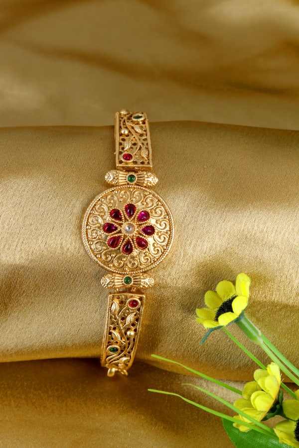 Traditional Gold-Plated Brass Kada for Women | Antique Floral Design Bracelet with Red & Green Stones