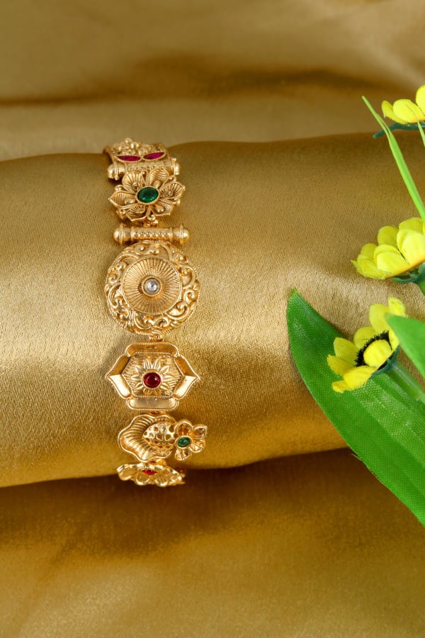 Vintage Multi-Motif Gold-Plated Bracelet for Women | Traditional Temple Design Kada