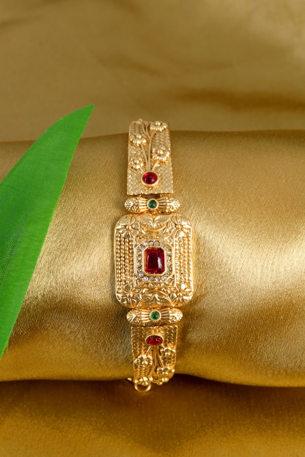 Antique Gold-Plated Bridal Kada | Temple Jewellery Style | Ruby & Emerald Stone Bracelet for Women
