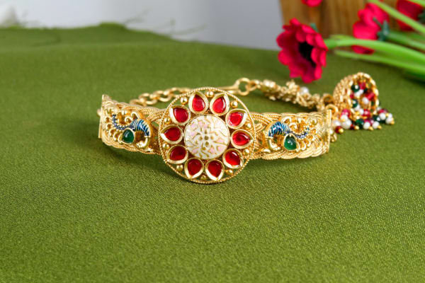 Traditional Gold-Plated Red Meenakari Bajuband | Bridal Armlet with Pearl & Kundan Detailing | Wedding Jewellery Collection