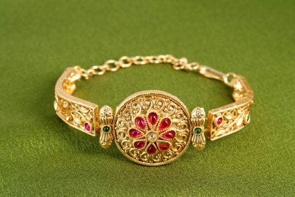 Traditional Gold-Plated Adjustable Bracelet – Ruby & Emerald Stone Floral Design | Ethnic Indian Jewelry