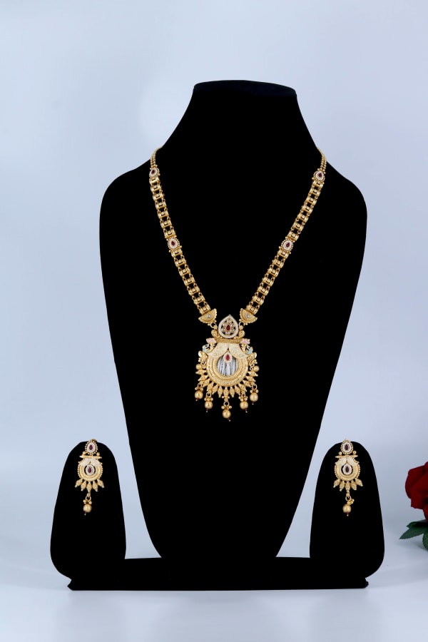 Exquisite Gold-Plated Bridal Necklace Set With Earrings – Traditional Temple Jewelry Design | Perfect for Weddings & Festive Occasions