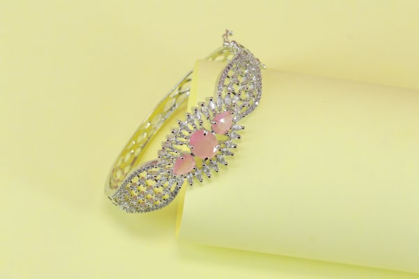 Elegant Silver Sparkling Bracelet with Pink Stones – Premium Partywear Kada for Women