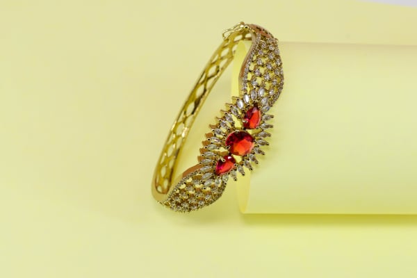 Premium Ruby Stone Gold-Plated Bracelet for Women | American Diamond Studded Party Wear Kada | Wedding & Bridal Jewellery Gift