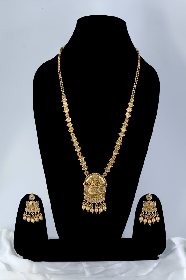Antique Gold-Plated Long Haram Necklace Set for Women | Temple Jewellery with Pendant & Jhumka Earrings | Bridal & South Indian Wedding Jeweller