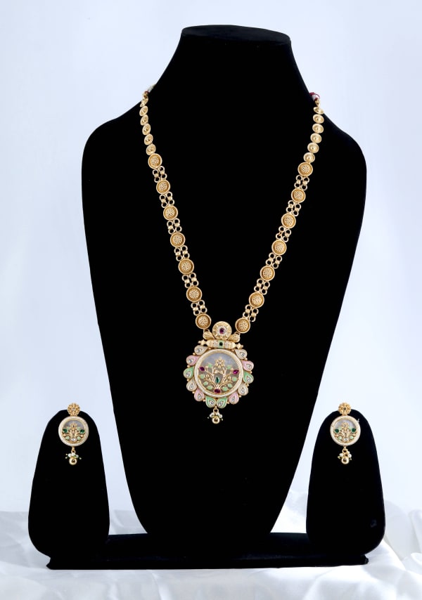 Meenakari Long Necklace Set for Women | Gold-Plated Hand-Painted Pendant Jewellery with Earrings | Traditional Wedding & Festive Wear Set