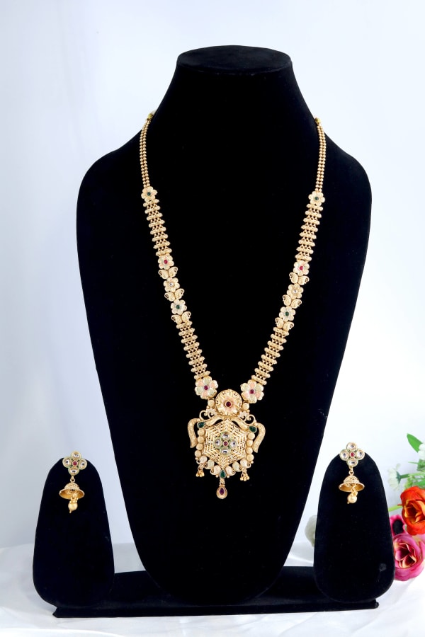 Antique Temple Jewellery Long Haram Necklace Set for Women | Gold-Plated Goddess Pendant with Jhumka Earrings | Bridal & South Indian Wedding Jewellery