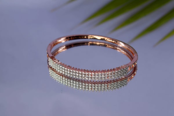 Premium Rose Gold-Plated Triple Line American Diamond Bracelet for Women | Micro Stone Studded Kada | Daily Wear & Party Wear Jewellery