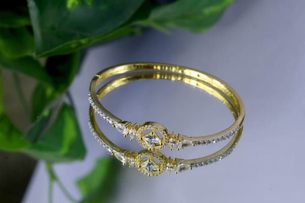 Elegant Gold-Plated Solitaire American Diamond Bracelet for Women | Pear-Cut CZ Stone Kada | Party Wear, Office Wear & Daily Wear Jewellery
