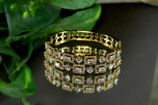 Premium Gold-Plated Designer American Diamond Bracelet for Women | Geometric Baguette & Round CZ Stone Kada | Wedding, Party & Luxury Jewellery