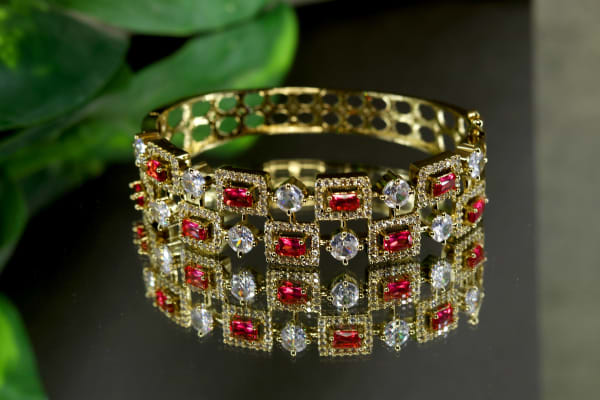 Gold-Plated Ruby & White American Diamond Designer Bracelet for Women | Geometric Baguette Stone Kada | Wedding, Party & Festive Jewellery