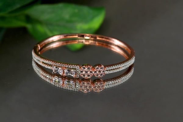 Premium Rose Gold-Plated American Diamond Bracelet for Women | Double Line Micro CZ Kada with Cluster & Baguette Stones | Party, Office & Daily Wear Jewellery