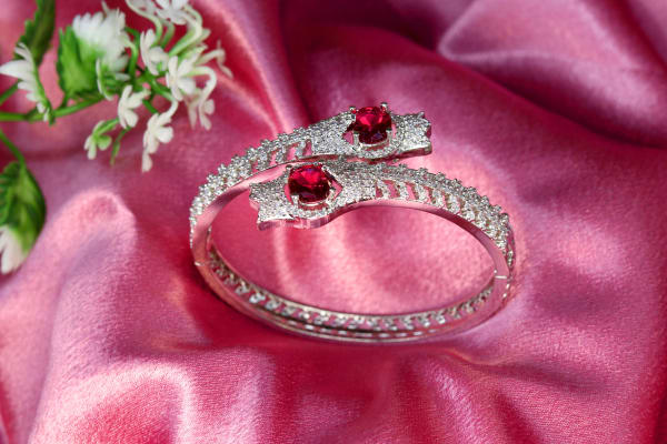 Silver-Plated Ruby Stone American Diamond Double Kada Bracelet for Women | Full CZ Micro-Studded Bridal & Party Wear Jewellery