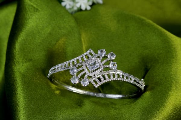 Premium Silver-Plated American Diamond Baguette & Round CZ Designer Bracelet for Women | Princess Crown Style Kada | Bridal, Party & Festive Jewellery
