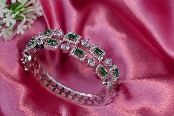 Premium Silver-Plated Emerald & White American Diamond Designer Bracelet for Women | Geometric Baguette CZ Kada | Bridal, Party & Festive Wear Jewellery