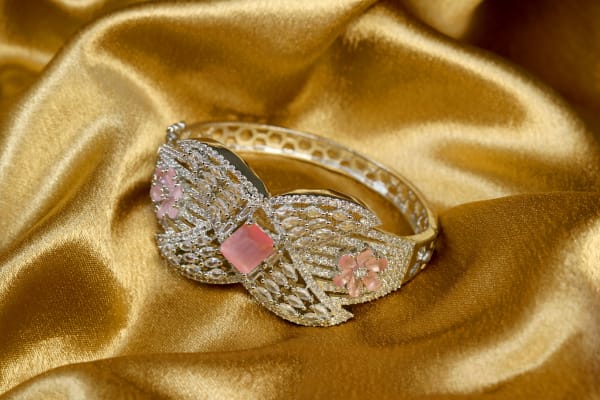 Premium Silver-Plated Pink Stone Floral American Diamond Kada for Women | Designer Butterfly Pattern CZ Bracelet | Bridal, Party & Festive Wear Jewellery