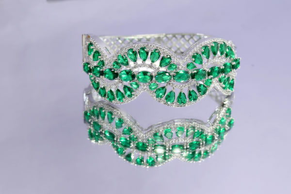 Royal Emerald Green Stone American Diamond Kada for Women | Premium Silver-Plated CZ Bracelet | Bridal, Festive & Party Wear Jewellery