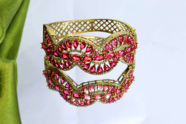 Luxury Ruby Pink Stone Kada for Women | Gold Finish CZ Studded Designer Bracelet | Bridal, Party Wear & Festive Jewellery
