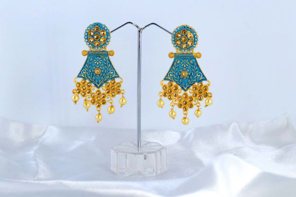 Traditional Blue Meenakari Dangler Earrings for Women | Gold Plated Pearl Drop Ethnic Jhumka Style | Festive & Wedding Jewellery