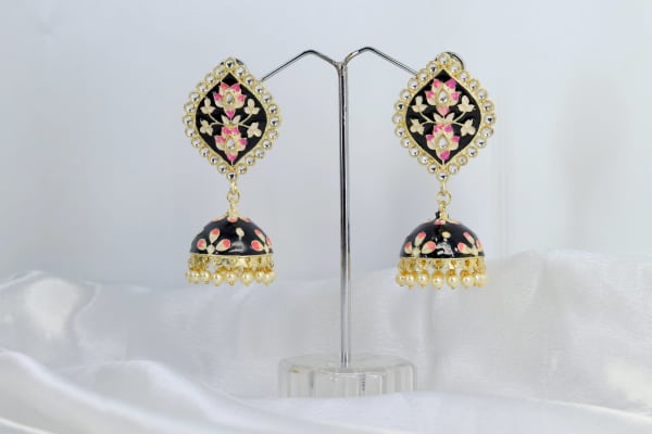 Black Meenakari Jhumka Earrings for Women | Gold-Plated Traditional Floral Jhumki with Pearl Drops | Ethnic Wedding & Festive Jewellery