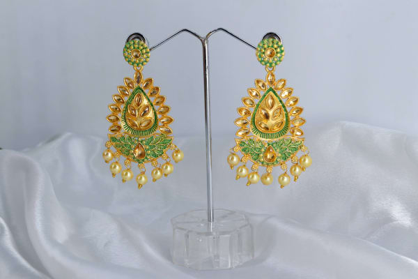 Handcrafted Green Meenakari Chandbali Earrings for Women | Gold-Plated Traditional Ethnic Earrings with Pearl Drops | Wedding & Festive Jewellery